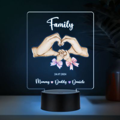 Personalized Family LED Night Light, Heart Hands Design, Customizable with Names and Date, Gift for Mom Dad Automatic Color Changing Light